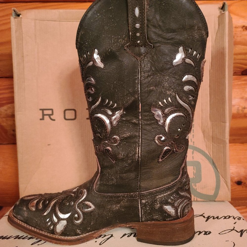 Roper Leather Metallic Inlay Dark Brown Square Toe Women's Western Boots Size 7